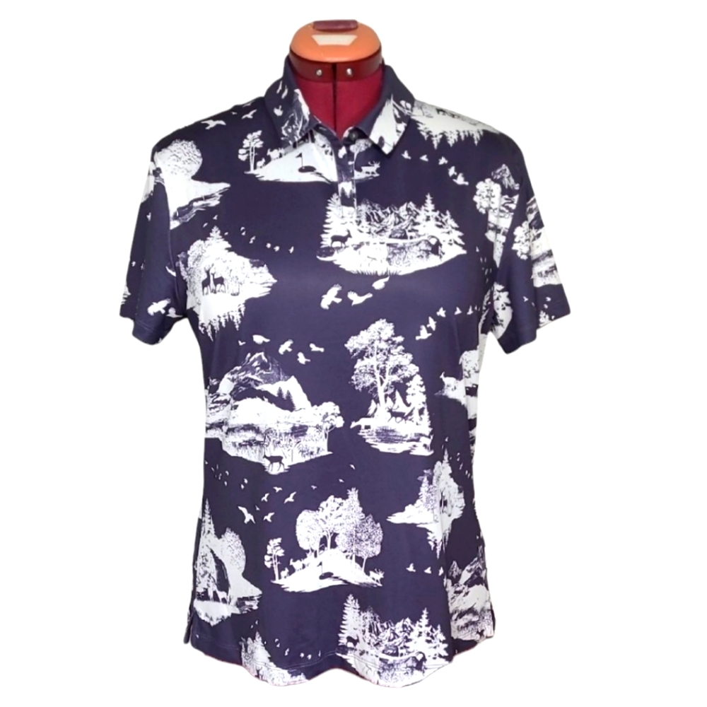 LG Nike Golf Dri-Fit Navy White Graphic Deer Mountains Bird Women Short Sleeve